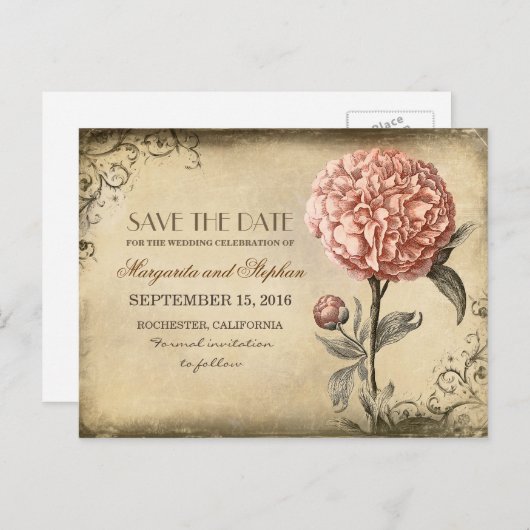 ヴィンテージピンク牡丹の日付を保存 案内ポストカード (正面/裏面)