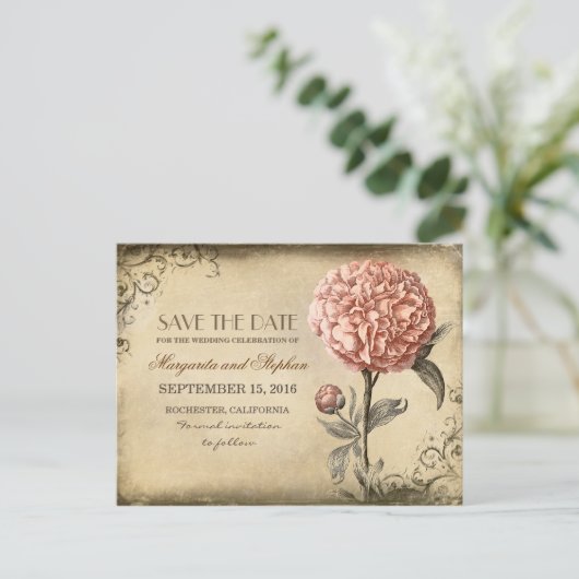 ヴィンテージピンク牡丹の日付を保存 案内ポストカード (スタンド正面)