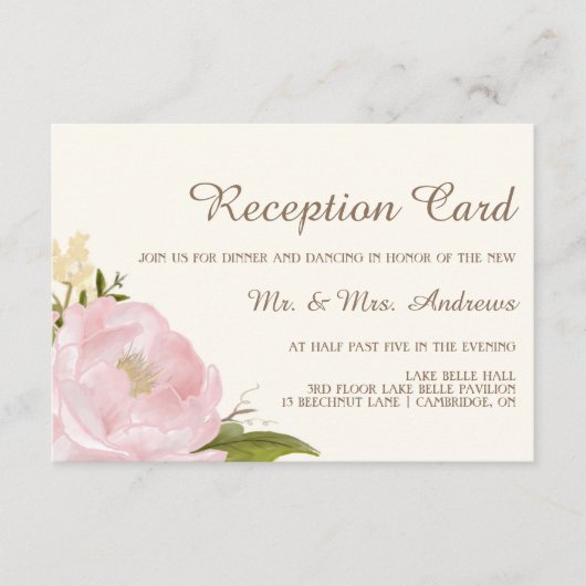 ヴィンテージピンク牡丹ウェディングレセプションカード エンクロージャーカード (正面)