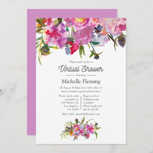 ヴィンテージピンク牡丹フローラバーチャル赤ちゃんシャワー 招待状 (正面/裏面)
