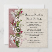 ヴィンテージピンク白い花リボンの羽結婚飾り 招待状 (正面)