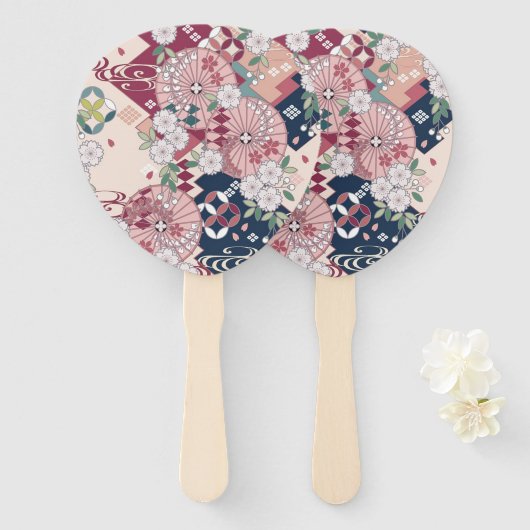ヴィンテージピンク白日本の着物フローラ花 ハンドファン (正面&裏面)