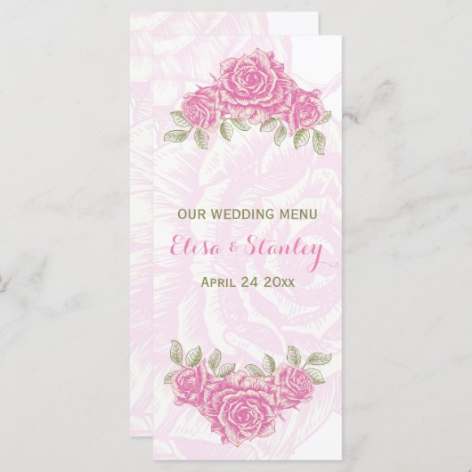 ヴィンテージピンク結婚ローズのメニューカード メニュー (正面/裏面)