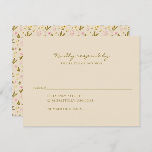 ヴィンテージピンク緑結婚の花のシンプル 出欠カード (正面/裏面)