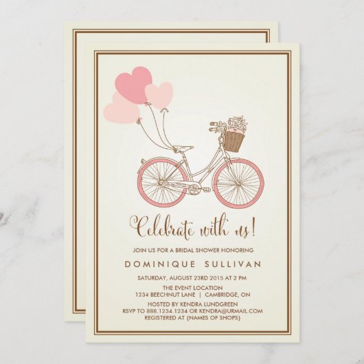 ヴィンテージピンク自転車のブライダルシャワー招待 招待状 (正面/裏面)