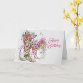 ヴィンテージピンク自転車フローラ誕生日 カード (黄色い花)