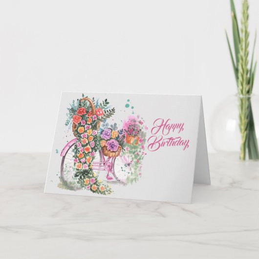 ヴィンテージピンク自転車フローラ誕生日 カード (正面)
