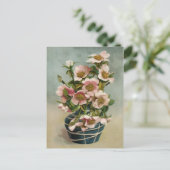 ヴィンテージピンク色の花を青い花瓶に ポストカード (スタンド正面)