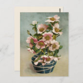 ヴィンテージピンク色の花を青い花瓶に ポストカード (正面/裏面)