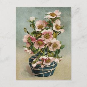 ヴィンテージピンク色の花を青い花瓶に ポストカード