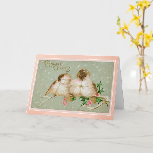 ヴィンテージピンク色の鳥がホリーの枝にクリスマス カード (黄色い花)