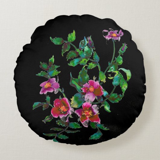 ヴィンテージピンク色マゼンタ色バラ ラウンドクッション (正面)