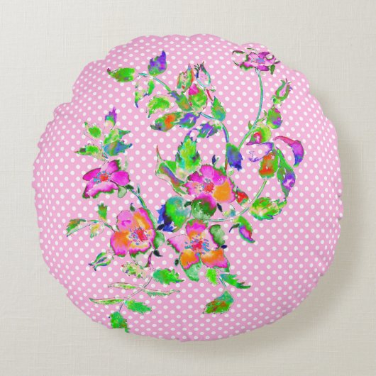 ヴィンテージピンク色ローズピンク/白ポルカドット ラウンドクッション (正面)