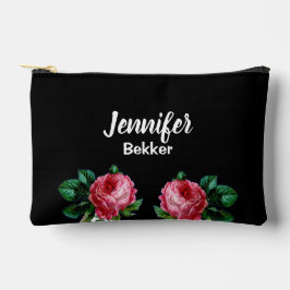 ヴィンテージピンク花名前をカスタムするブラック アクセサリーポーチ