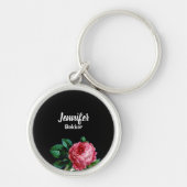 ヴィンテージピンク花名前をカスタムするブラック キーホルダー (正面)