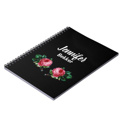ヴィンテージピンク花名前をカスタムするブラック ノートブック (左側)