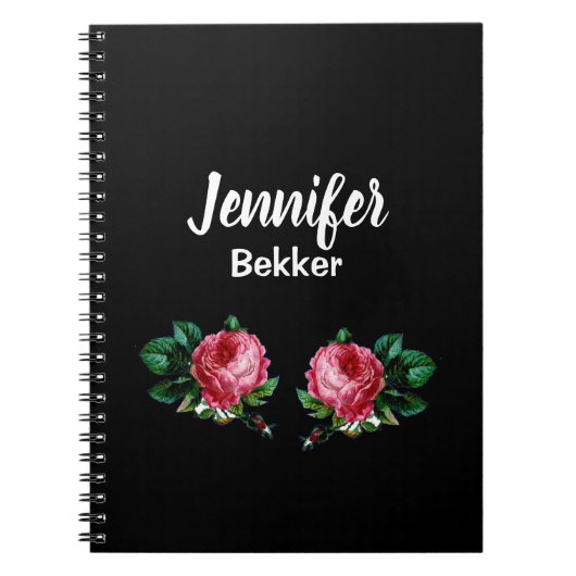 ヴィンテージピンク花名前をカスタムするブラック ノートブック (正面)