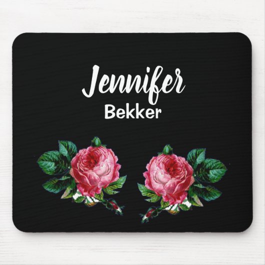 ヴィンテージピンク花名前をカスタムするブラック マウスパッド (正面)