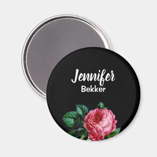 ヴィンテージピンク花名前をカスタムするブラック マグネット (正面/裏面)