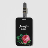 ヴィンテージピンク花名前をカスタムするブラック ラゲッジタグ (正面縦)