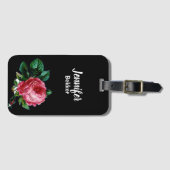 ヴィンテージピンク花名前をカスタムするブラック ラゲッジタグ (正面横)