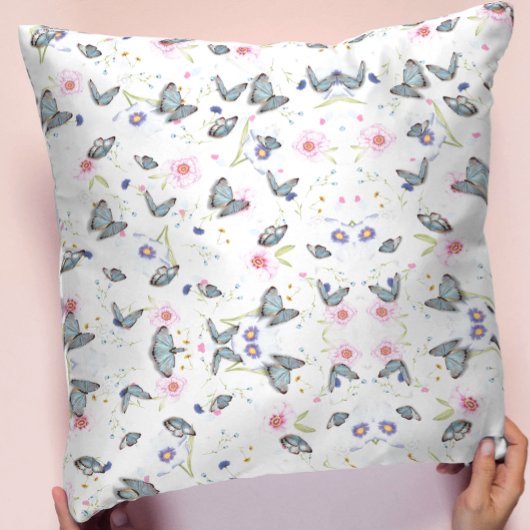 ヴィンテージピンク花青蝶の花柄 クッション