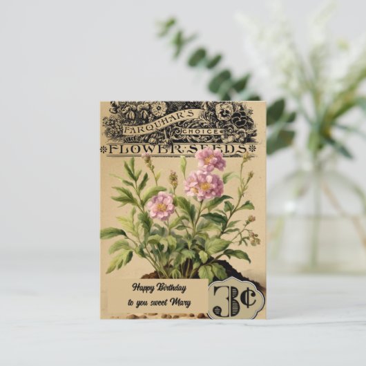 ヴィンテージピンク花3セント誕生日 ポストカード (スタンド正面)