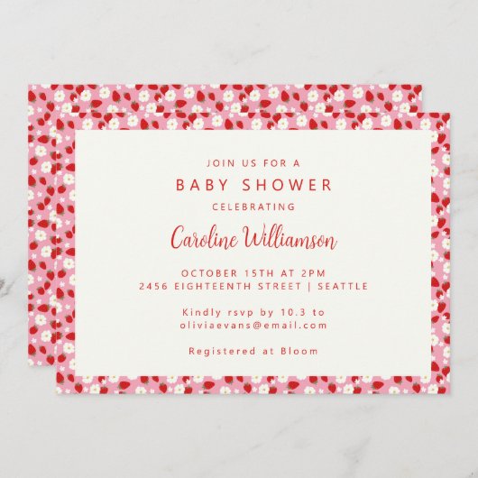 ヴィンテージピンク赤いちご花赤ちゃんシャワー 招待状 (正面/裏面)