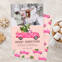 ヴィンテージピンク赤トラックのクリスマスツリーのピンクの写真 シーズンカード