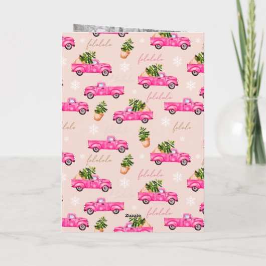 ヴィンテージピンク赤トラックのクリスマスツリーのピンクの写真 シーズンカード (裏面)