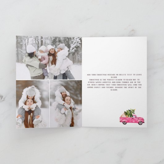 ヴィンテージピンク赤トラックのクリスマスツリーのピンクの写真 シーズンカード (内部)