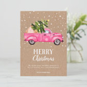 ヴィンテージピンク赤トラックのクリスマスツリークラフトメリー シーズンカード (スタンド正面)