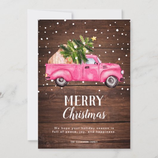 ヴィンテージピンク赤トラックのクリスマスツリーメリーウッド シーズンカード (正面)