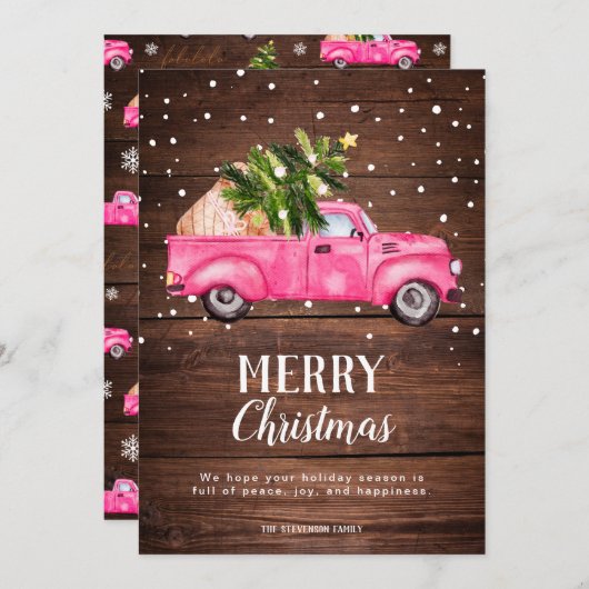 ヴィンテージピンク赤トラックのクリスマスツリーメリーウッド シーズンカード (正面/裏面)