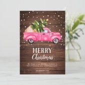 ヴィンテージピンク赤トラックのクリスマスツリーメリーウッド シーズンカード (スタンド正面)