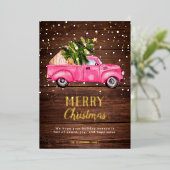 ヴィンテージピンク赤トラックのクリスマスツリーメリーウッド 箔シーズンカード (立ち正面)