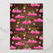 ヴィンテージピンク赤トラックのクリスマスツリーメリーウッド 箔シーズンカード (裏面)