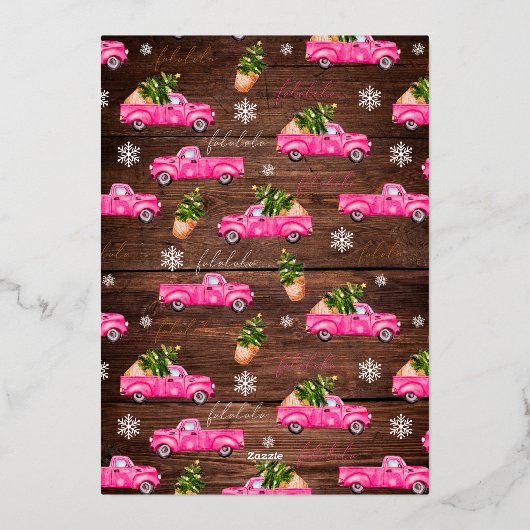 ヴィンテージピンク赤トラックのクリスマスツリーメリーウッド 箔シーズンカード (裏面)