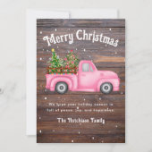 ヴィンテージピンク赤トラックのクリスマスツリーメリー シーズンカード (正面)