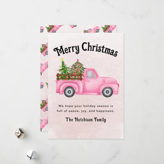 ヴィンテージピンク赤トラックのクリスマスツリーメリー シーズンカード (正面/裏面インサイチュ)