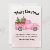 ヴィンテージピンク赤トラックのクリスマスツリーメリー シーズンカード (正面)