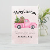 ヴィンテージピンク赤トラックのクリスマスツリーメリー シーズンカード (スタンド正面)