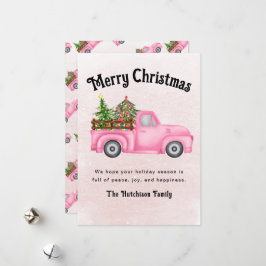 ヴィンテージピンク赤トラックのクリスマスツリーメリー シーズンカード