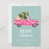 ヴィンテージピンク赤トラックのクリスマスツリーメリー シーズンカード (正面)