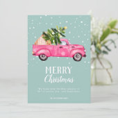 ヴィンテージピンク赤トラックのクリスマスツリーメリー シーズンカード (スタンド正面)