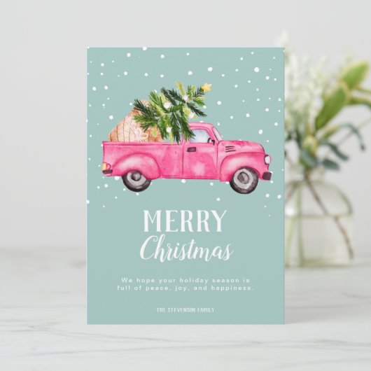 ヴィンテージピンク赤トラックのクリスマスツリーメリー シーズンカード (スタンド正面)