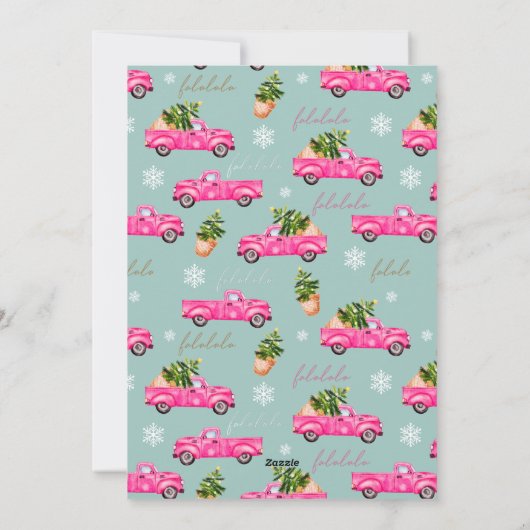 ヴィンテージピンク赤トラックのクリスマスツリーメリー シーズンカード (裏面)