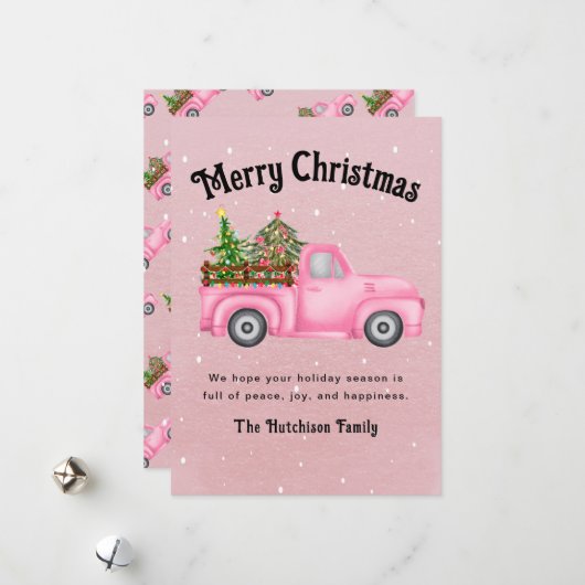 ヴィンテージピンク赤トラックのクリスマスツリーメリー シーズンカード (正面/裏面インサイチュ)