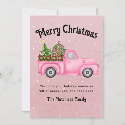 ヴィンテージピンク赤トラックのクリスマスツリーメリー シーズンカード (正面)