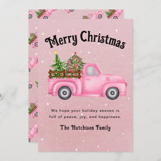 ヴィンテージピンク赤トラックのクリスマスツリーメリー シーズンカード (正面/裏面)